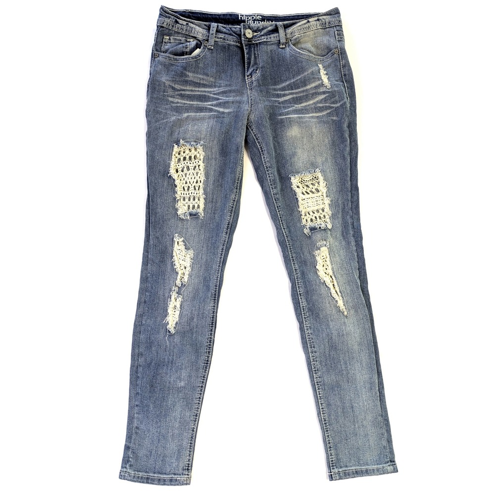 Hippie Laundry Distressed Crochet Lace Patch Skinny Jeans Blue Medium Wash 31